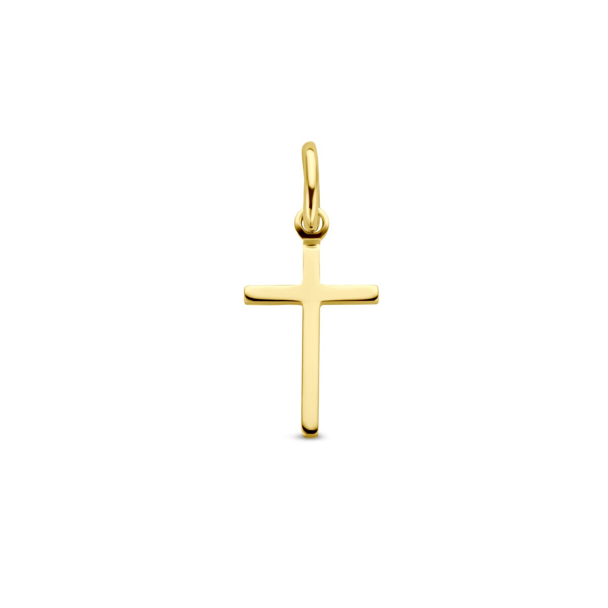 Geelgouden kruis hanger met een strakke, minimalistische vorm en een glanzende afwerking.