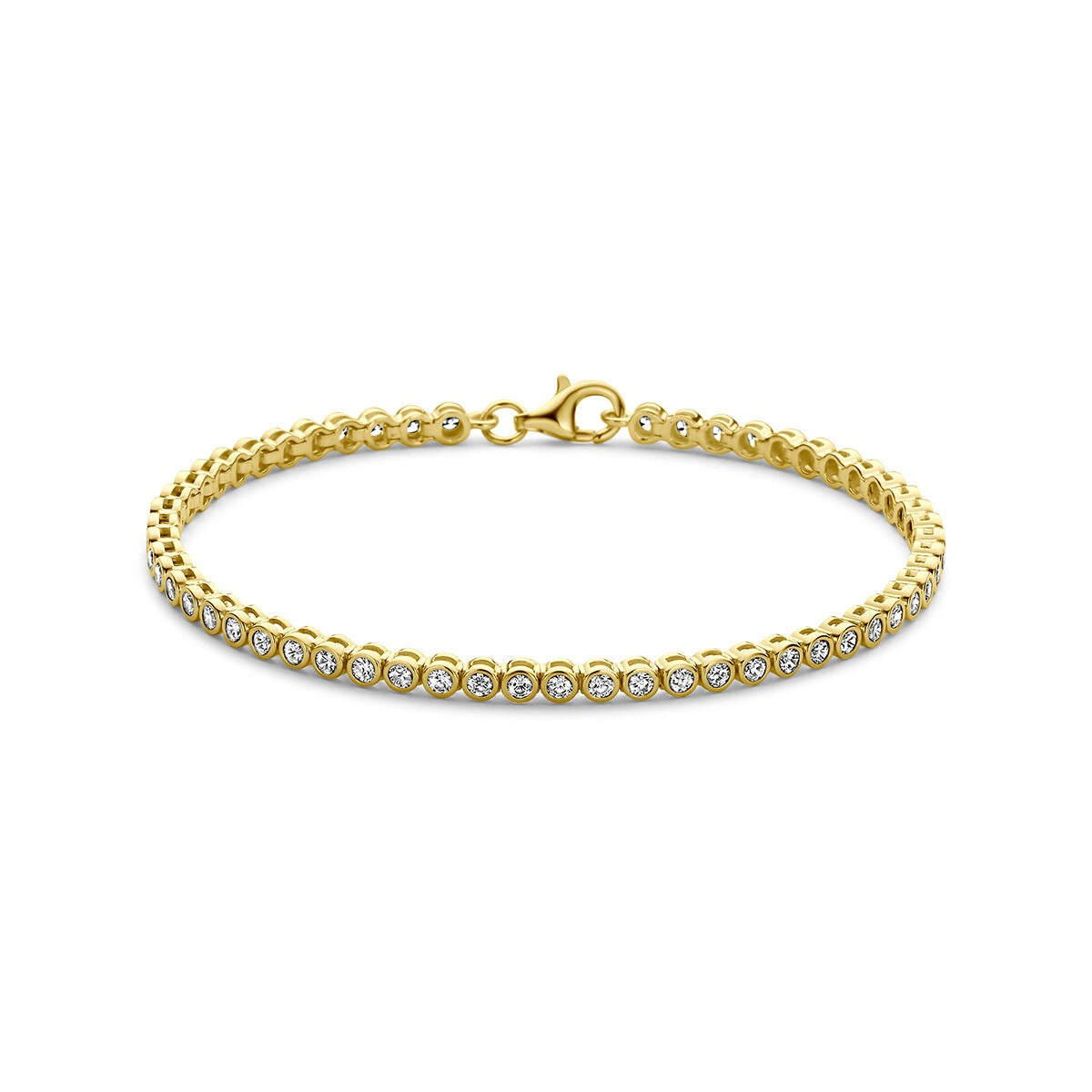 Vergulde 925 zilveren tennisarmband met heldere zirkonia-steentjes en een karabijnsluiting.