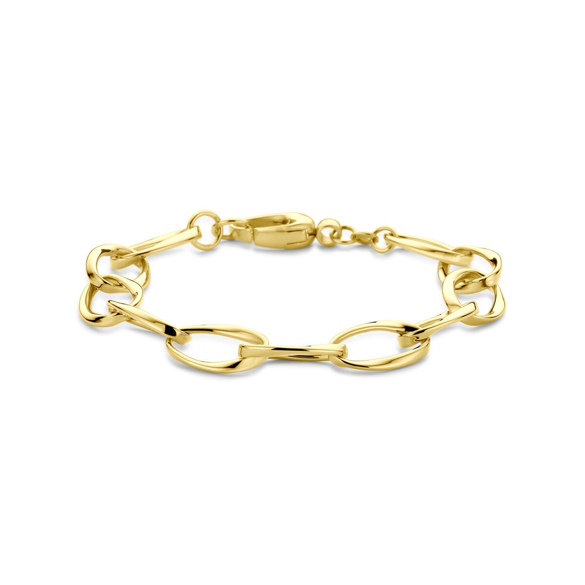 Geelgouden dames armband met draadschakels en een sluiting, glanzende afwerking.