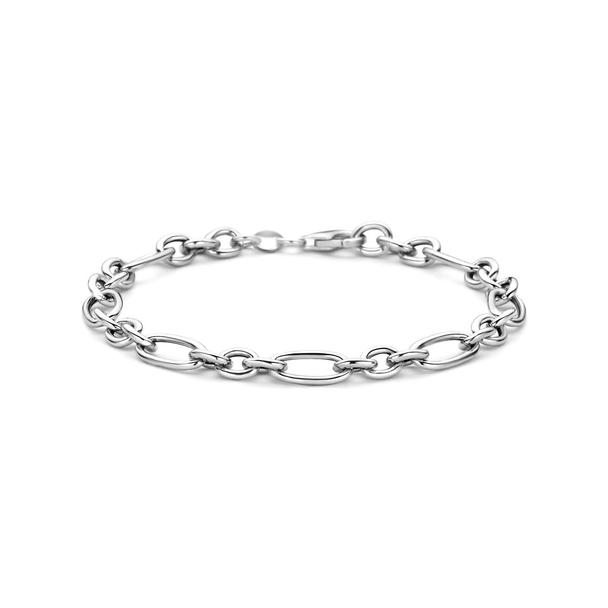 Gerhodineerde zilveren ankerschakel armband met een schakelpatroon van ovale en ronde schakels.