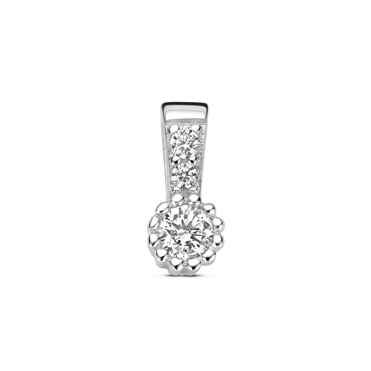 Gerhodineerde 925 zilveren hanger met een ronde zirkonia en een decoratieve, bezette bovenkant.