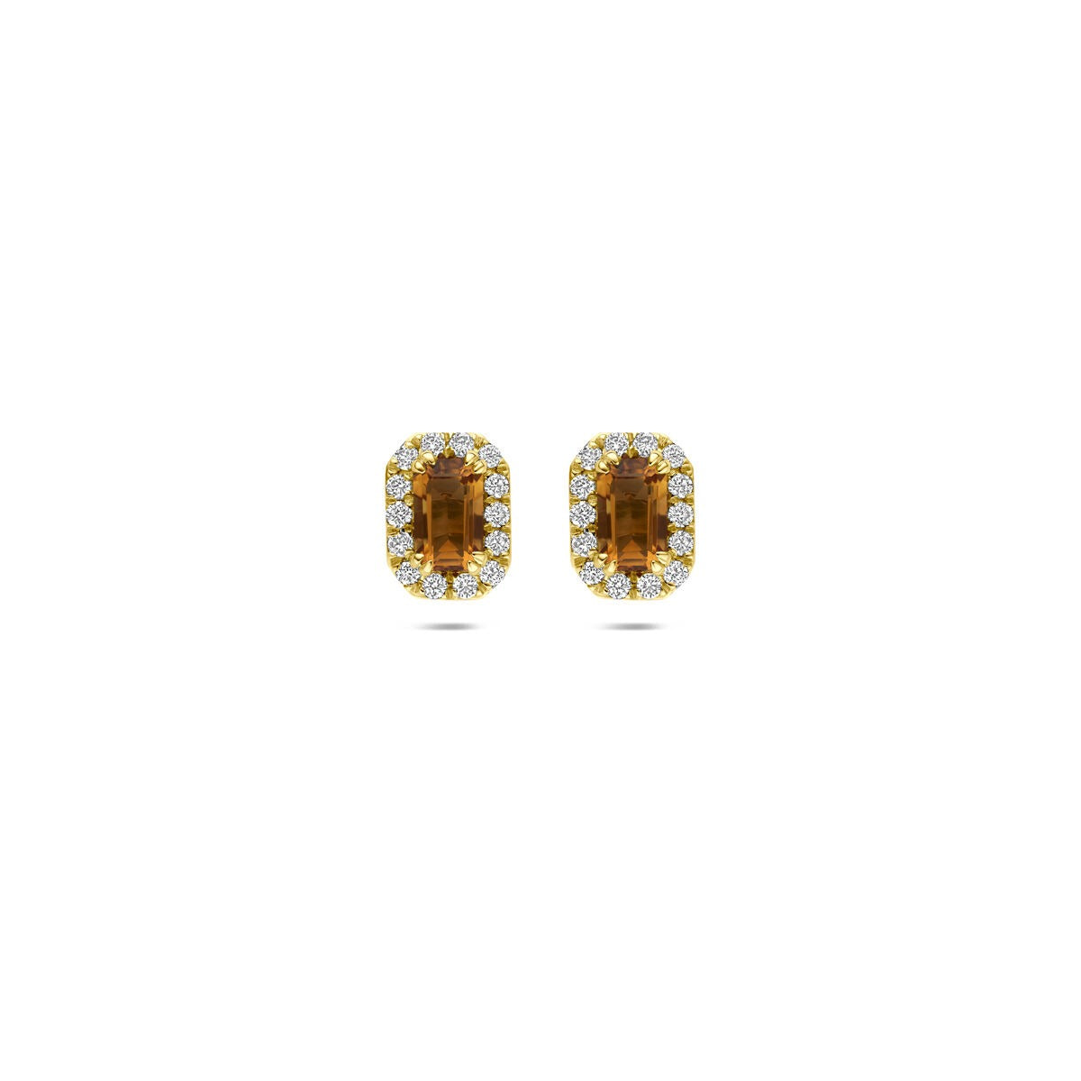 Geelgouden oorknoppen met een rechthoekige citrien en een omlijsting van lab grown diamanten.