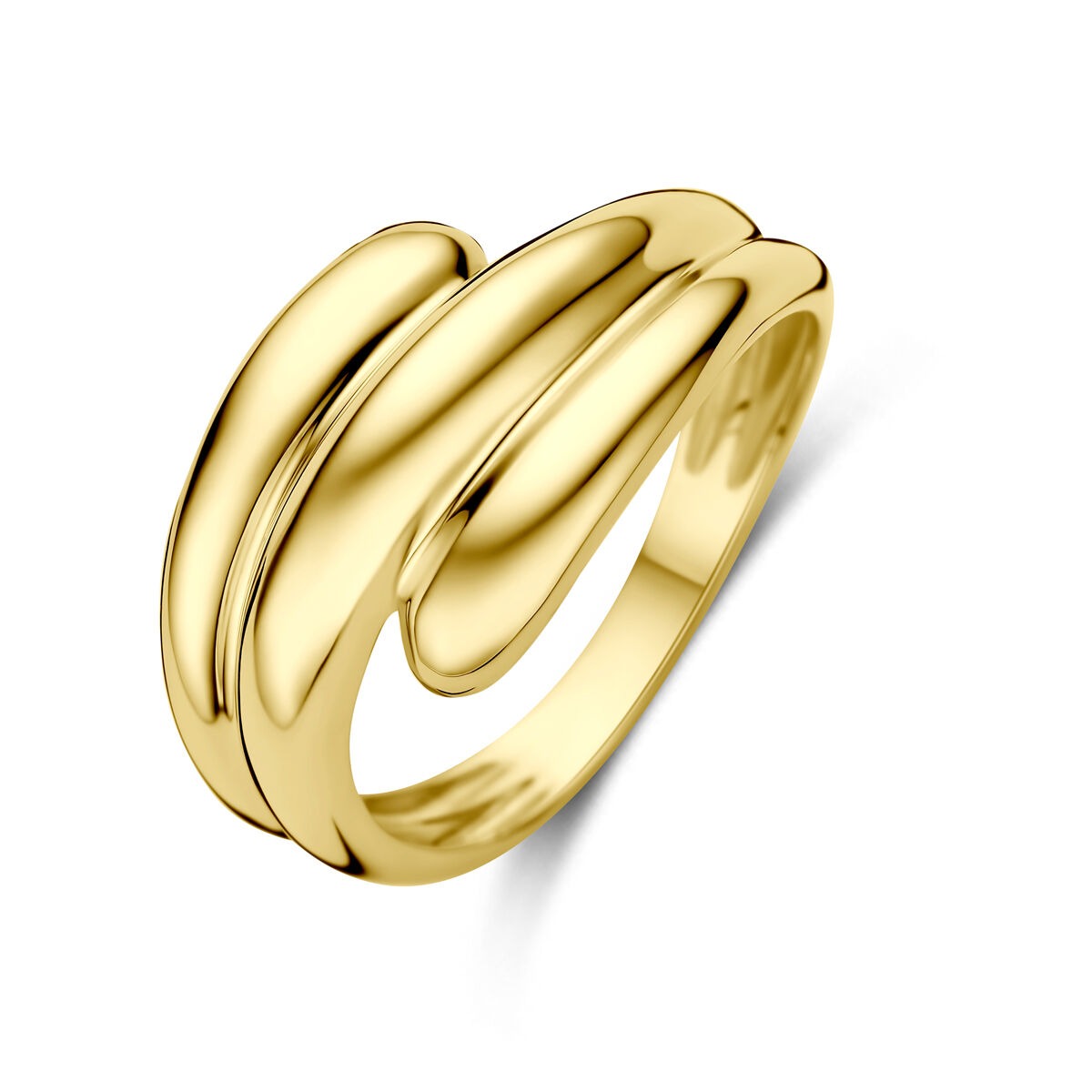 Geelgouden damesring met een moderne, golvende vorm en glanzende afwerking.