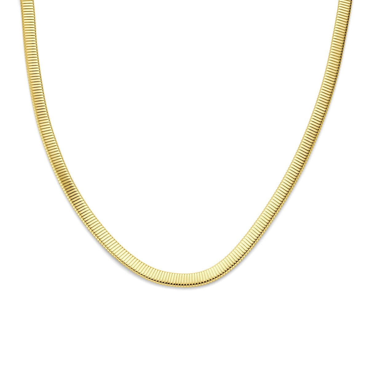 14k geelgouden ketting met tubogas schakel, gladde en flexibele afwerking.