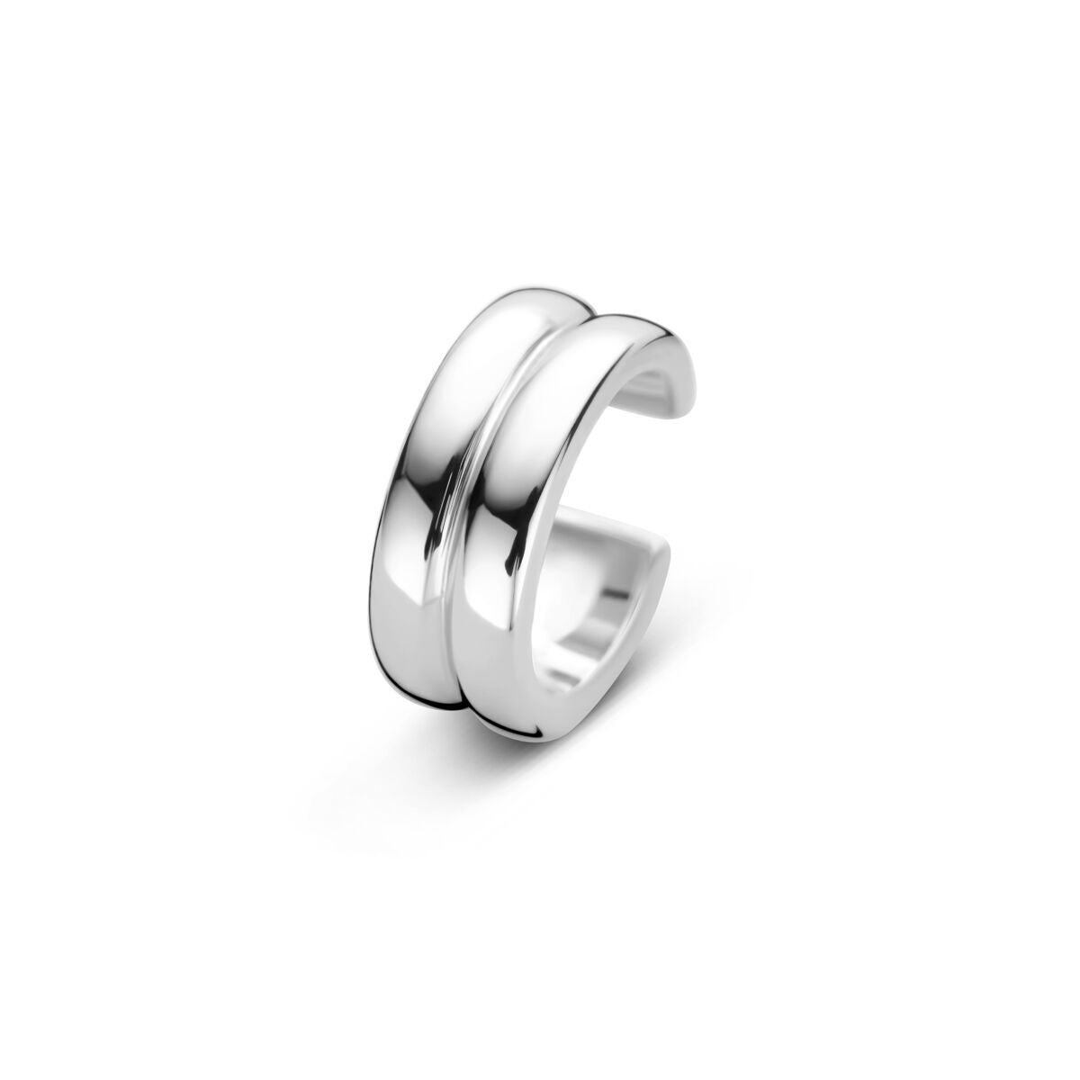 Zilveren gerhodineerde ear cuff met een moderne, dubbele band en een glanzende afwerking.