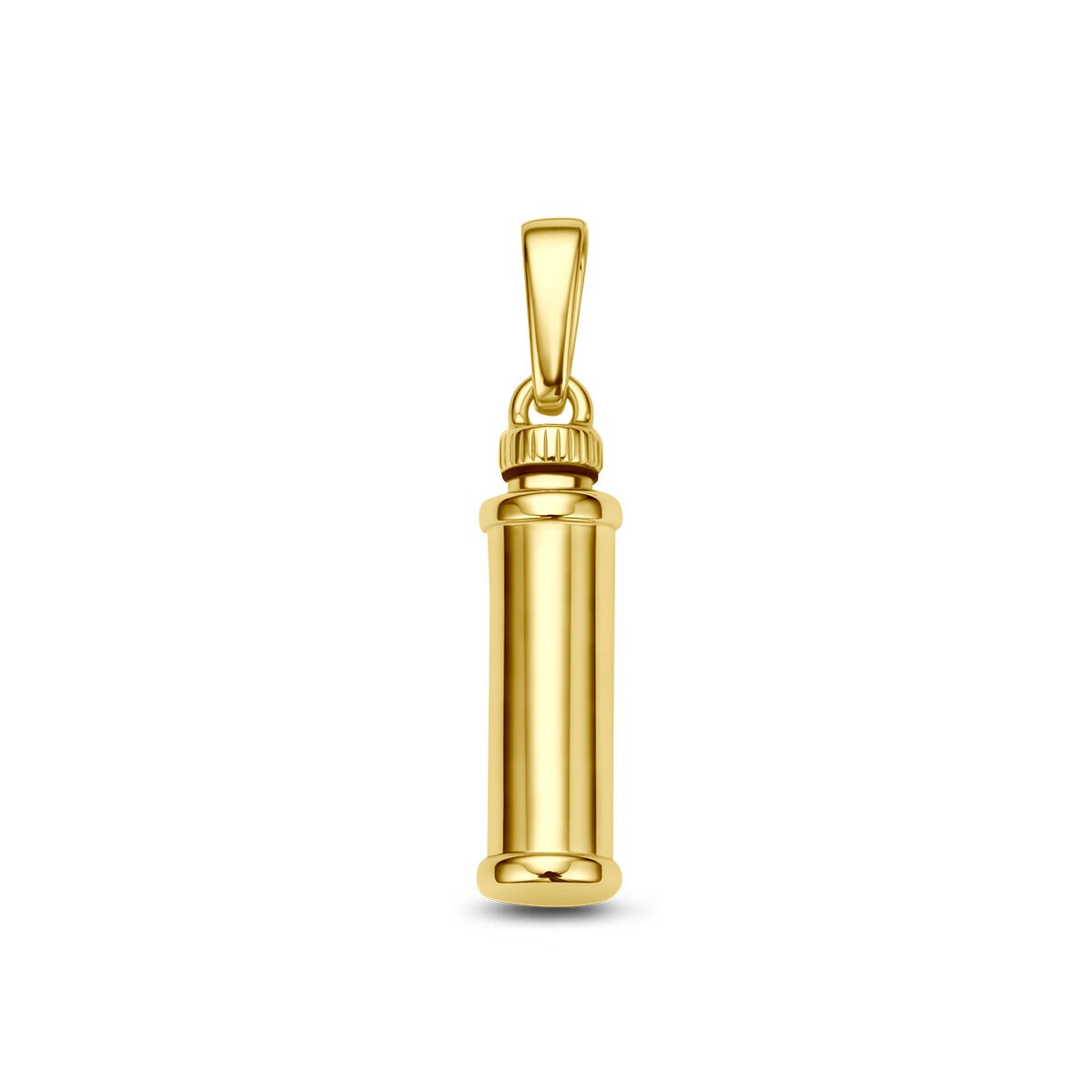 Geelgouden urnhanger met een glanzende, gepolijste afwerking in cilindervorm.