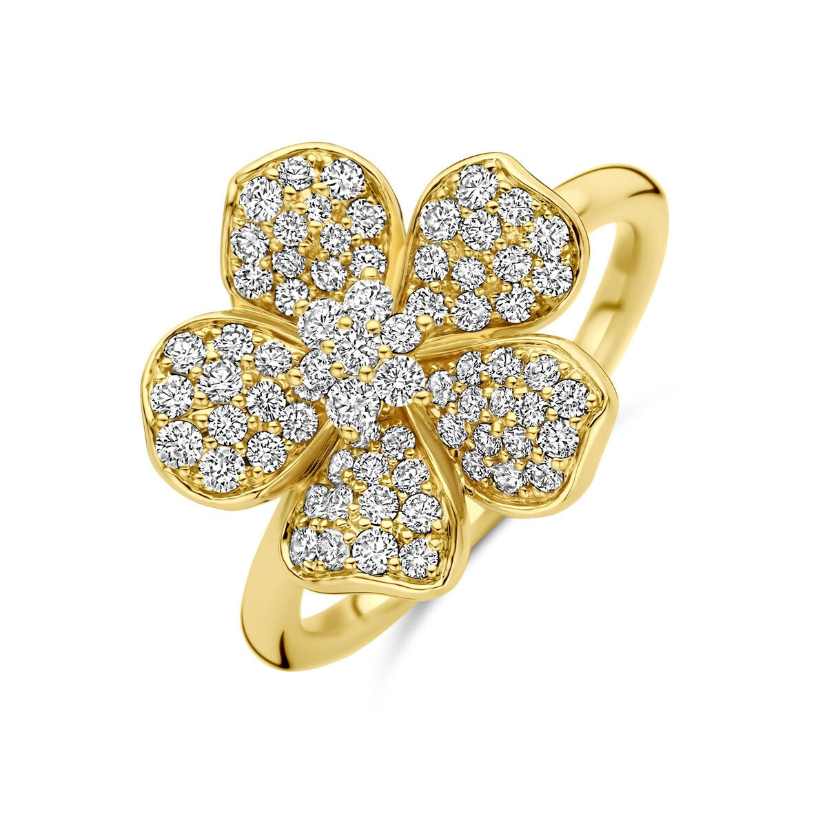 Geelgouden bloemring met diamanten in een bloemvormige setting en een glanzende afwerking.