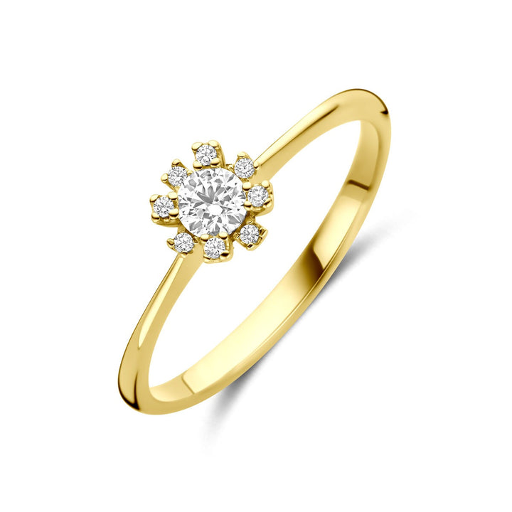 14k geelgouden damesring met zirkonia – elegante ring in entourage stijl
