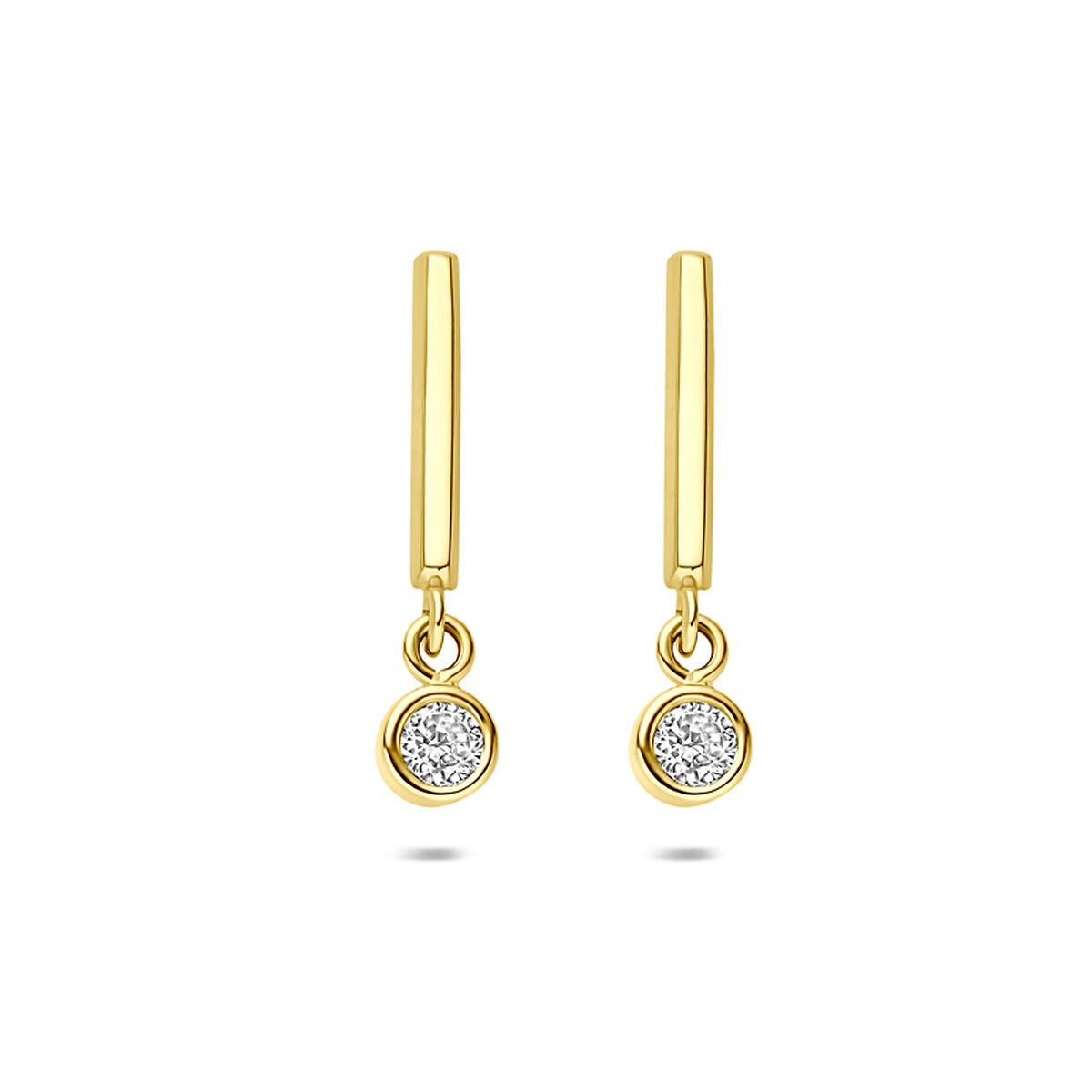 Geelgouden oorhangers met een hangende cirkelvormige zirkonia, briljant geslepen.