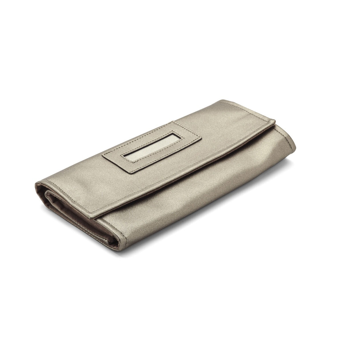 Bruine sieraden etui van stof met een flap en een doorzichtige venster voor identificatie.