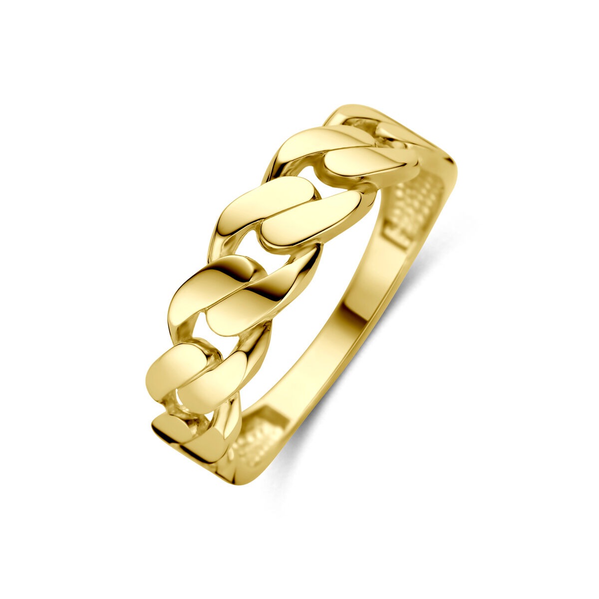 Gouden ring van 14k met een breedte van 5,5 mm en een schakelpuntdesign.