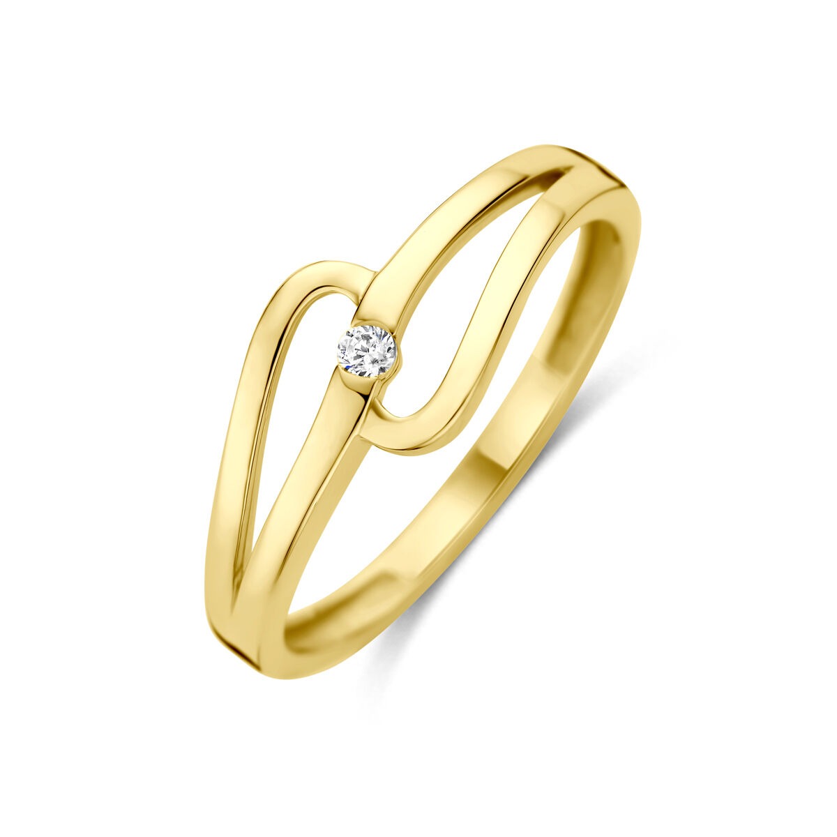 Geelgouden ring met een golvende vorm en een zirkonia solitaire in het midden.