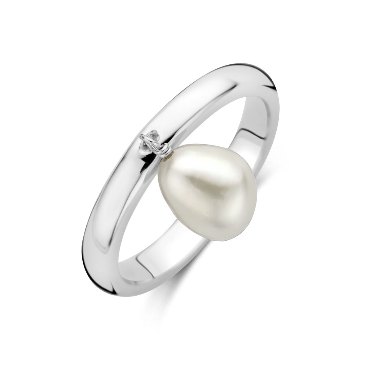 Gerhodineerde 925 zilveren ring met een grote parel en een kleine zirkonia aan de zijkant.
