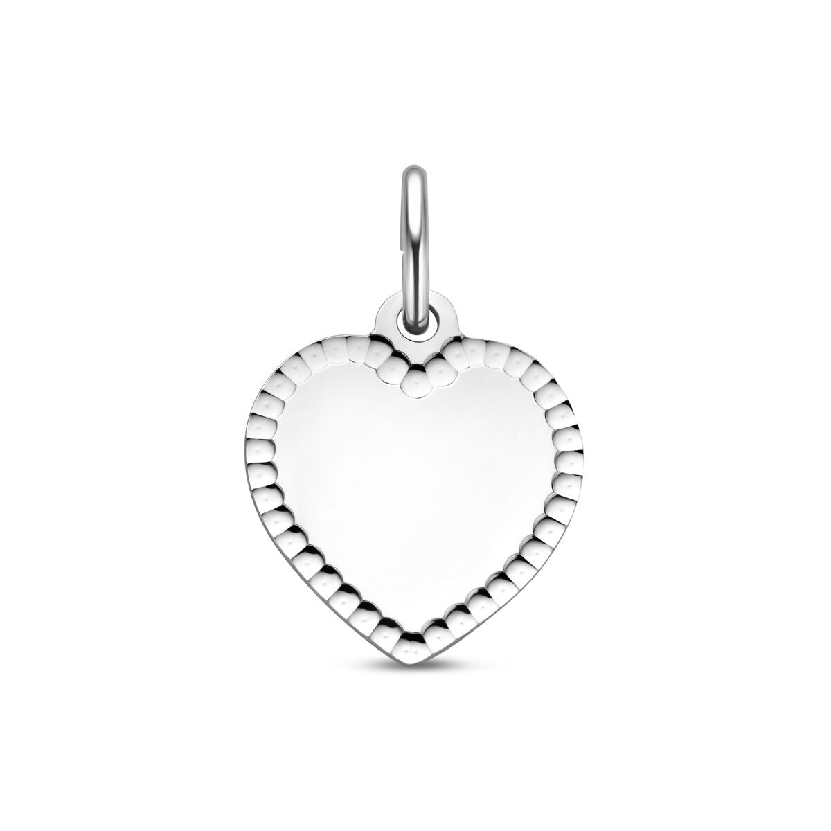 Zilveren graveerhanger in de vorm van een hartje, gerhodineerd 925 zilver met een geprofileerde rand, 19 mm.