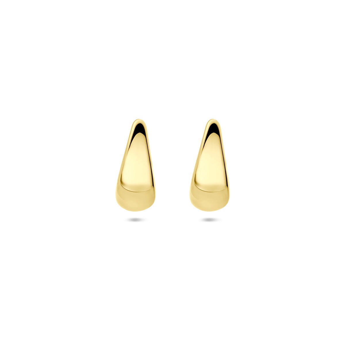 Druppelvormige 14k geelgouden dames oorringen van 13 mm met een glanzende afwerking.