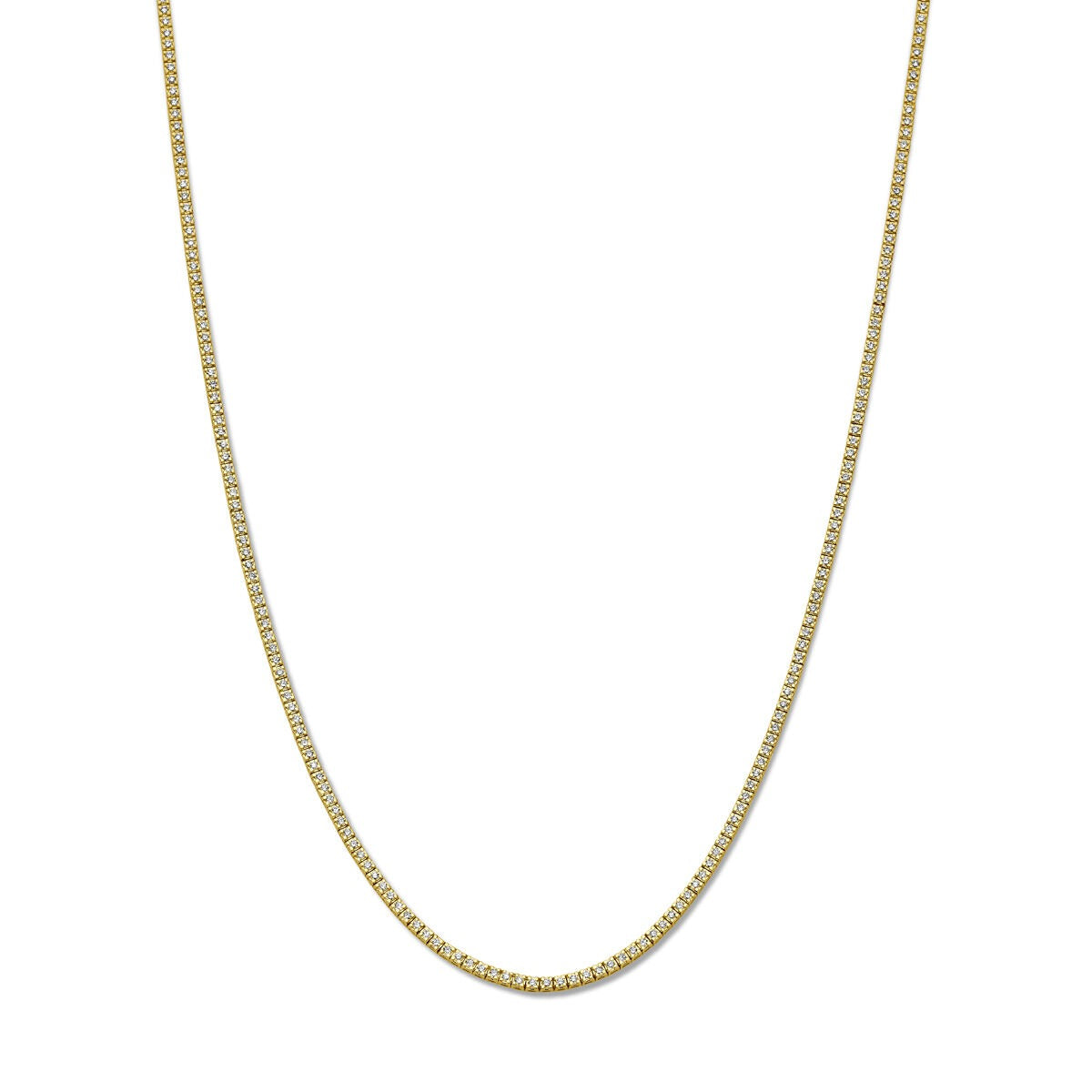 14k geelgouden tenniscollier met lab grown diamanten, fijne schakelstructuur en glanzende afwerking.