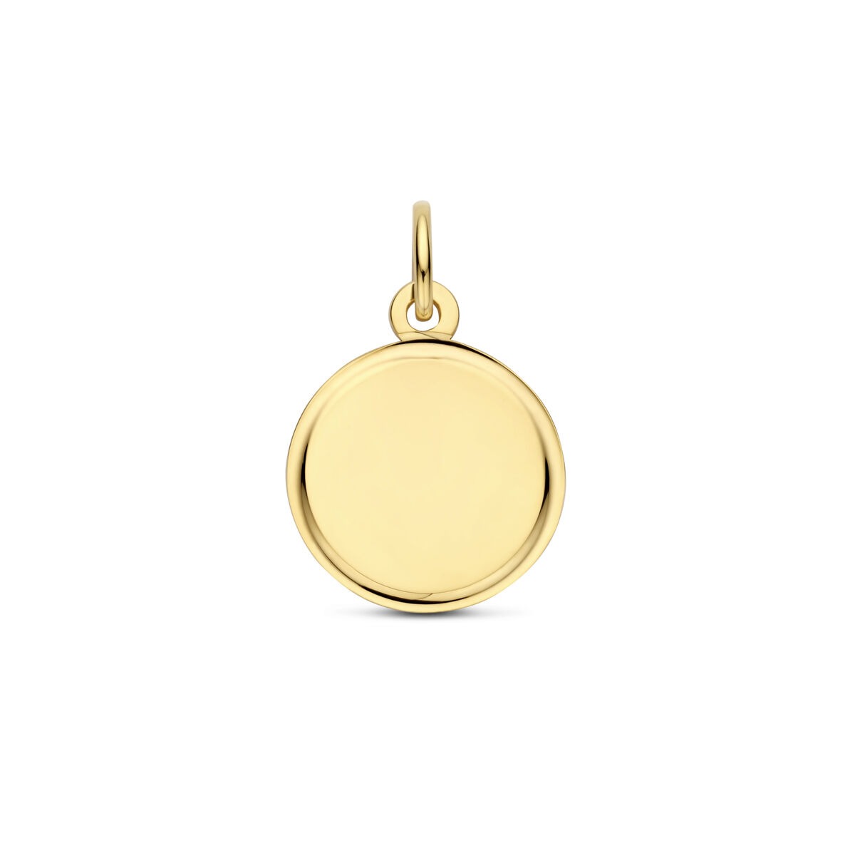 Gele graveerhanger van 9 karaat goud met een ronde, gladde afwerking.