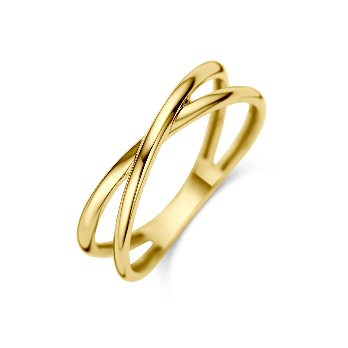 Geelgouden ring met een moderne, overlappende ontwerp en een glanzende afwerking.