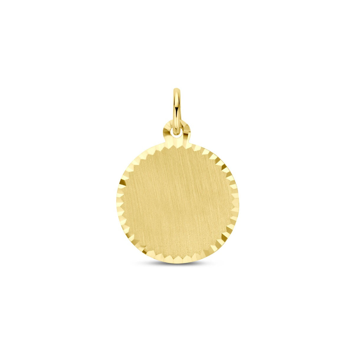 Geelgouden gediamanteerde graveerhanger met een ronde, gestructureerde afwerking.