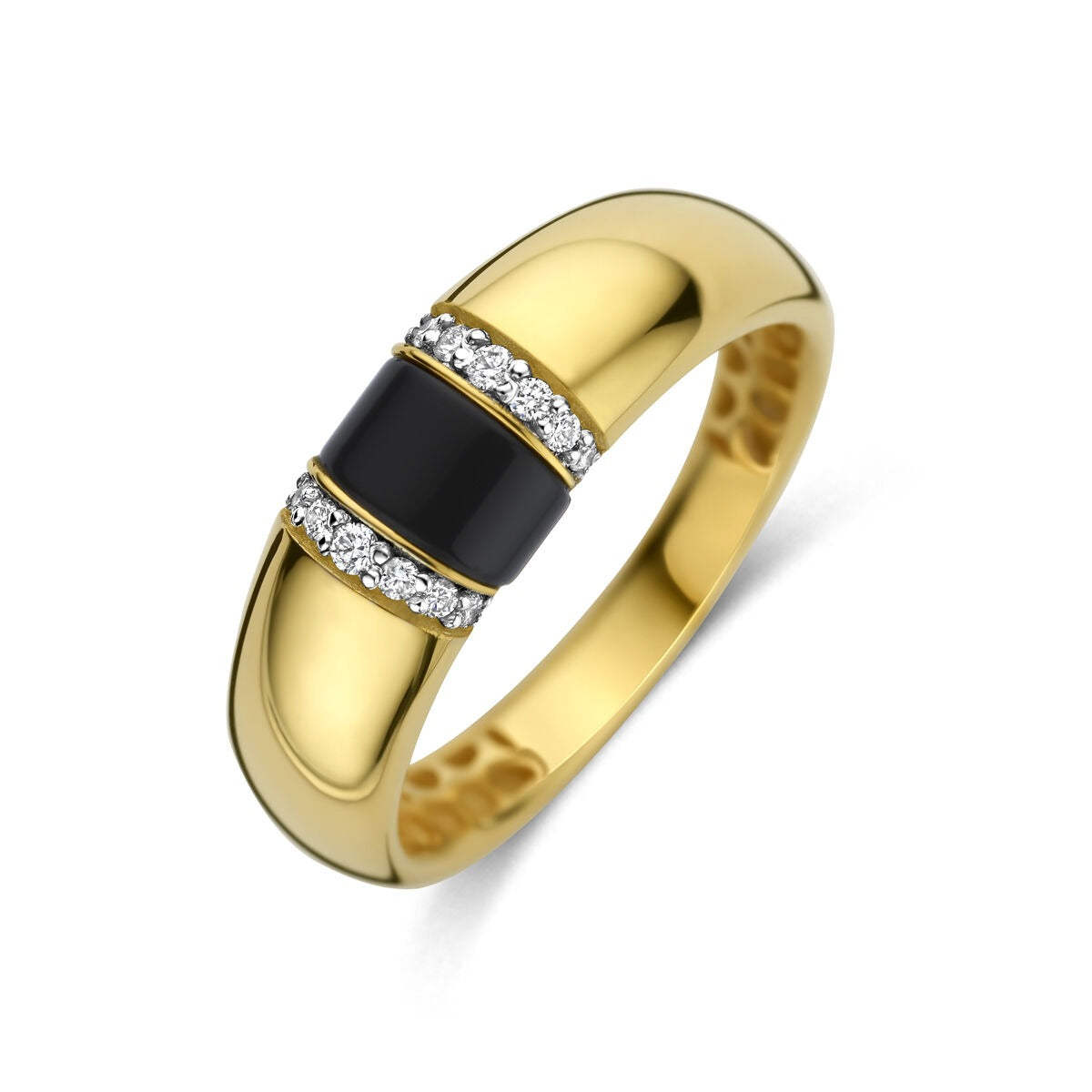 Geelgouden damesring van 14k met een brede onyx band en twee rijen diamanten aan weerszijden.