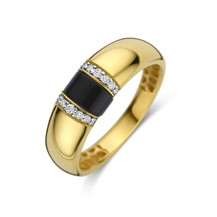 14k Geelgouden dames ring met onyx en diamant – 6,5 mm breed