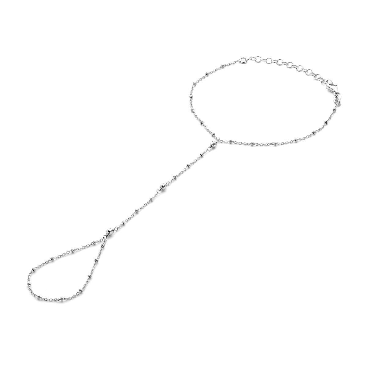 Zilveren gerhodineerd handsieraad met anker schakels en een lange ketting.