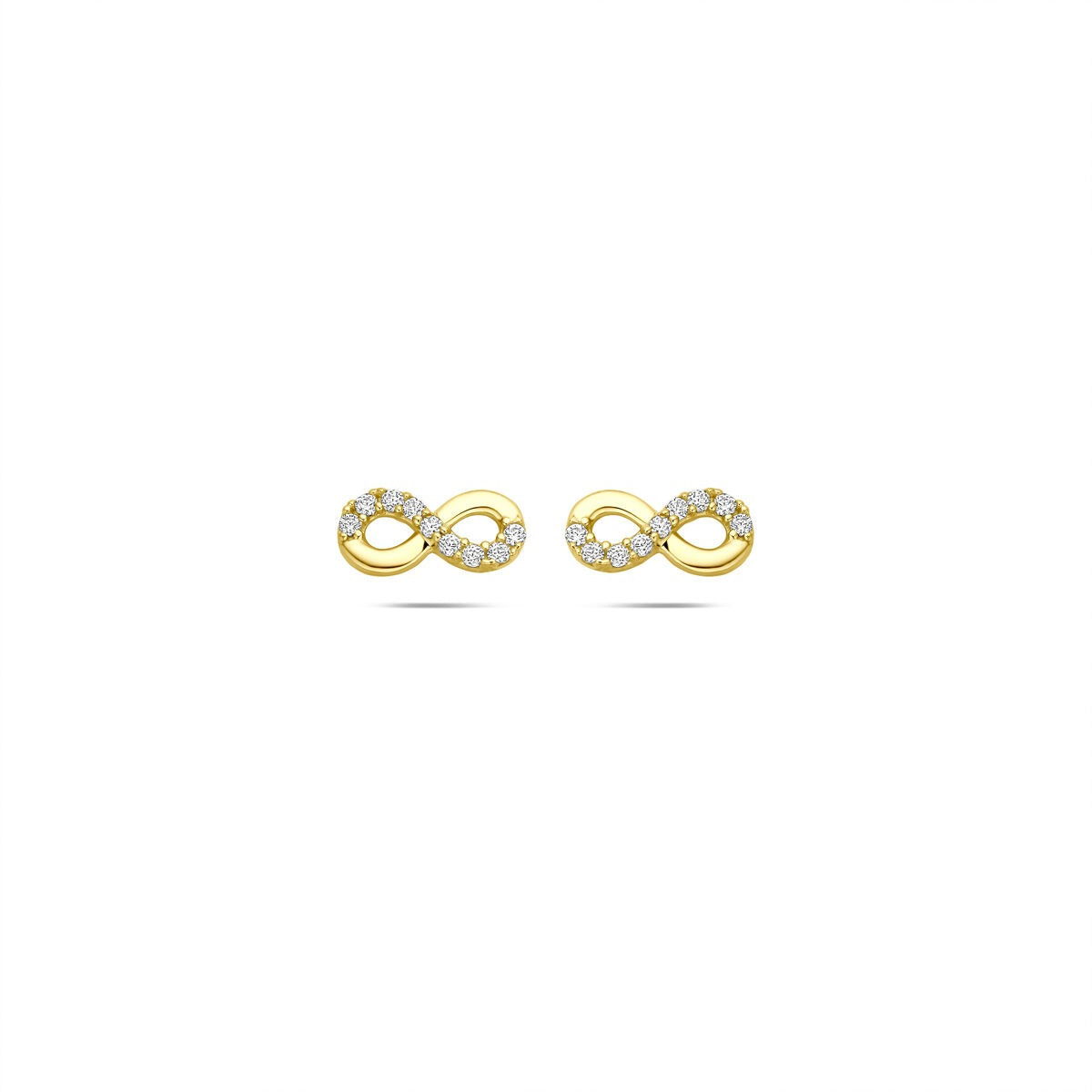 Geelgouden oorknoppen in de vorm van een infinity-teken, versierd met zirkonia-steentjes.
