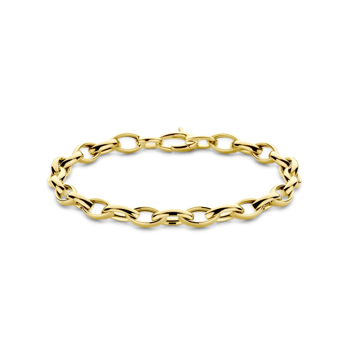 Geelgouden schakelarmband van 9 karaat met een glanzende afwerking en een stevige sluiting.