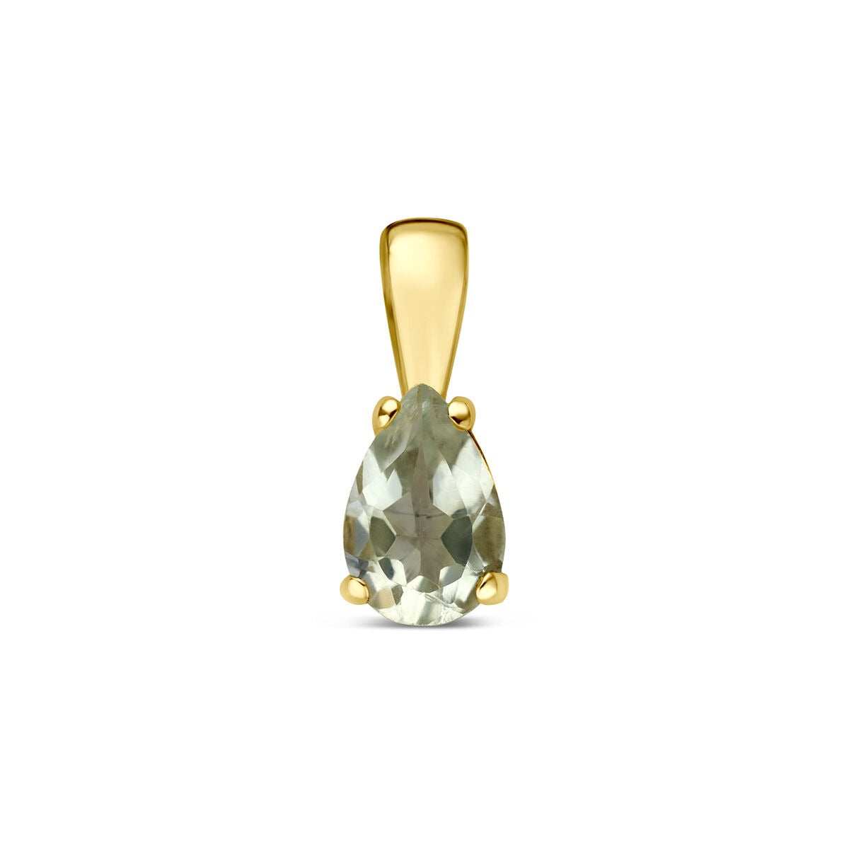 Geelgouden hanger met een druppelvormige groene amethist, bevestigd met twee gouden bolletjes.