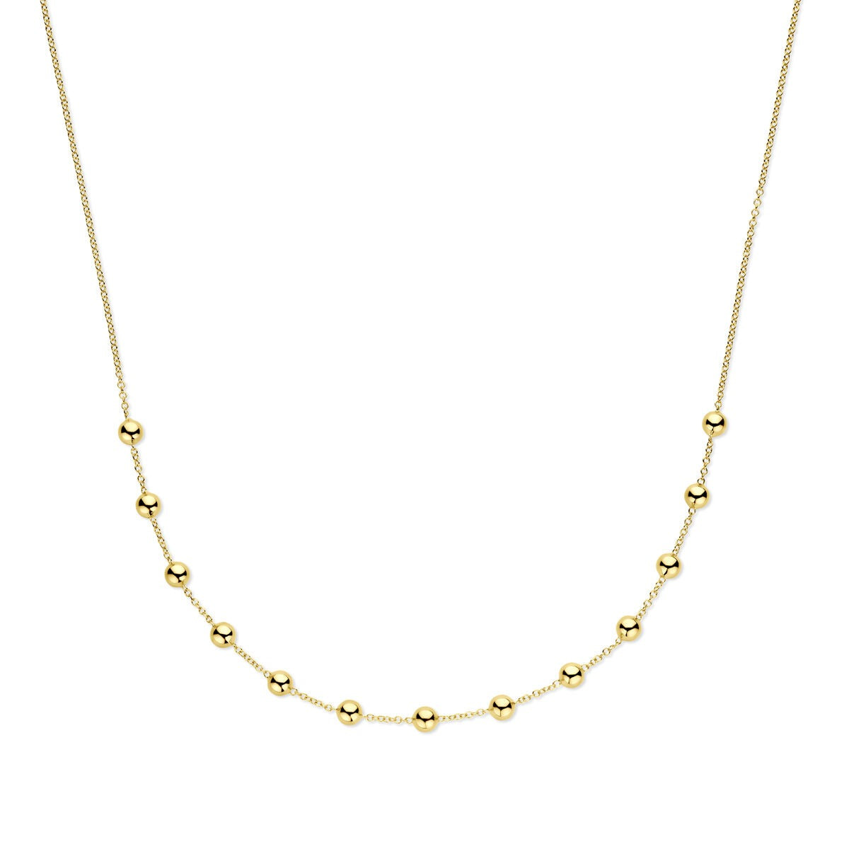 Geelgouden collier met bolletjes, afgewerkt met een fijne ketting en gelijkmatig verdeelde gouden kralen.