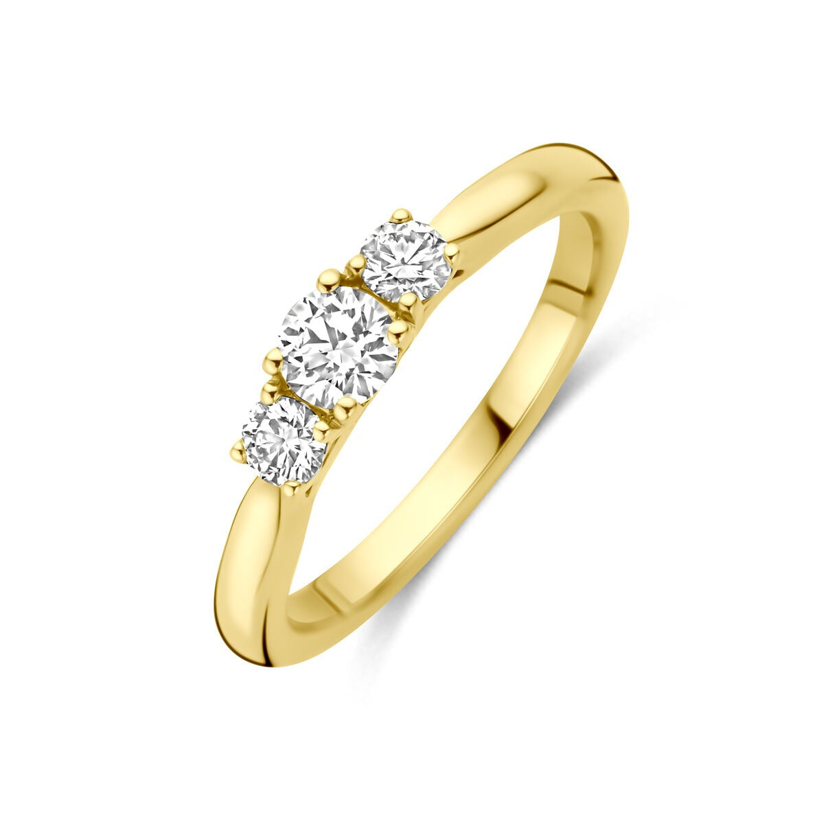 Geelgouden ring met drie ronde, lab grown diamanten van 0.45 ct in een moderne setting.