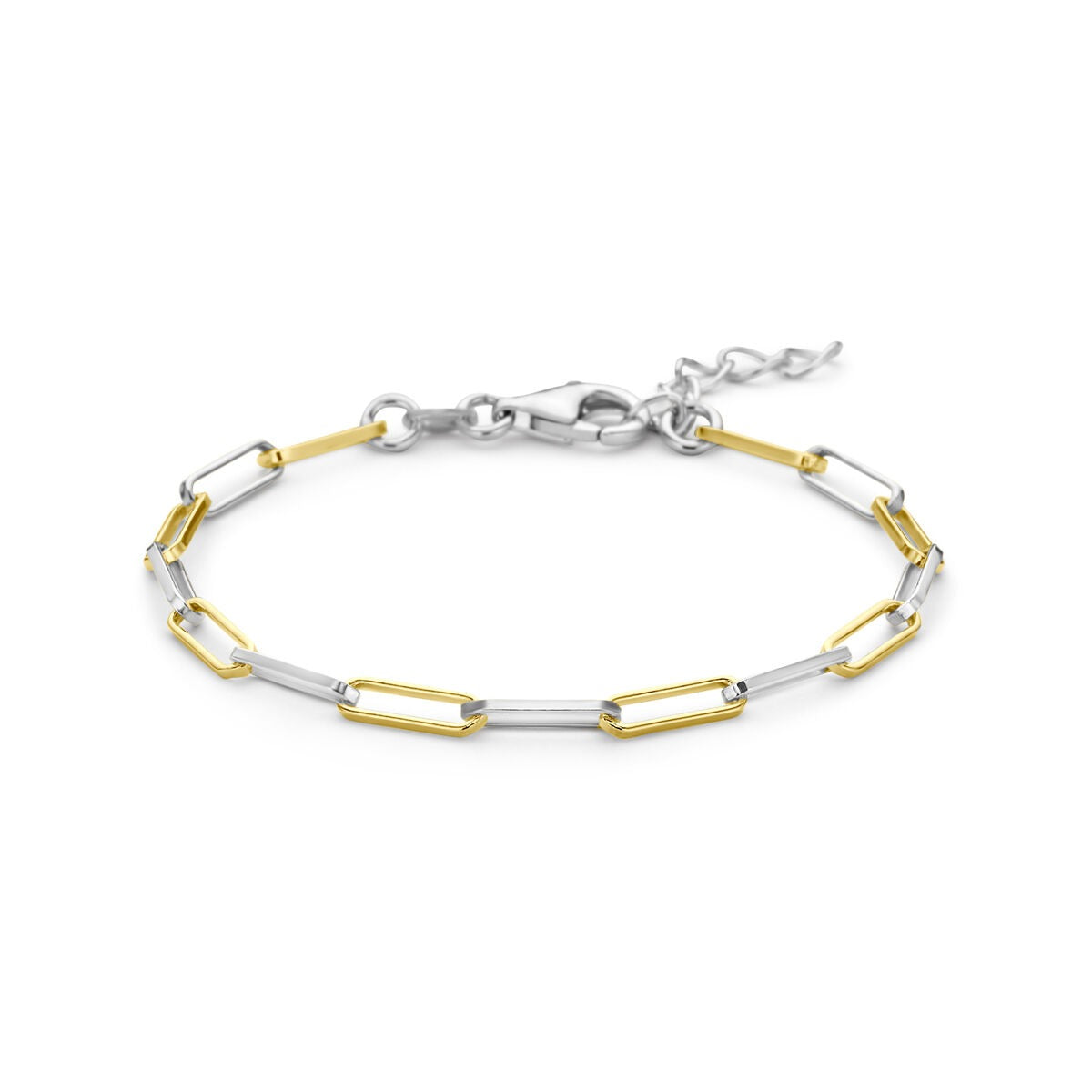 Vergulde en gerhodineerde 925 zilveren paperclip armband met afwisselend gouden en zilveren schakels.