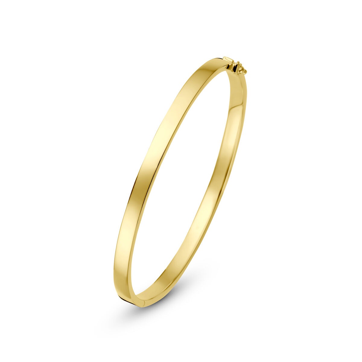 Geelgouden bangle van 14k met een strakke, gladde afwerking en een eenvoudige sluiting.