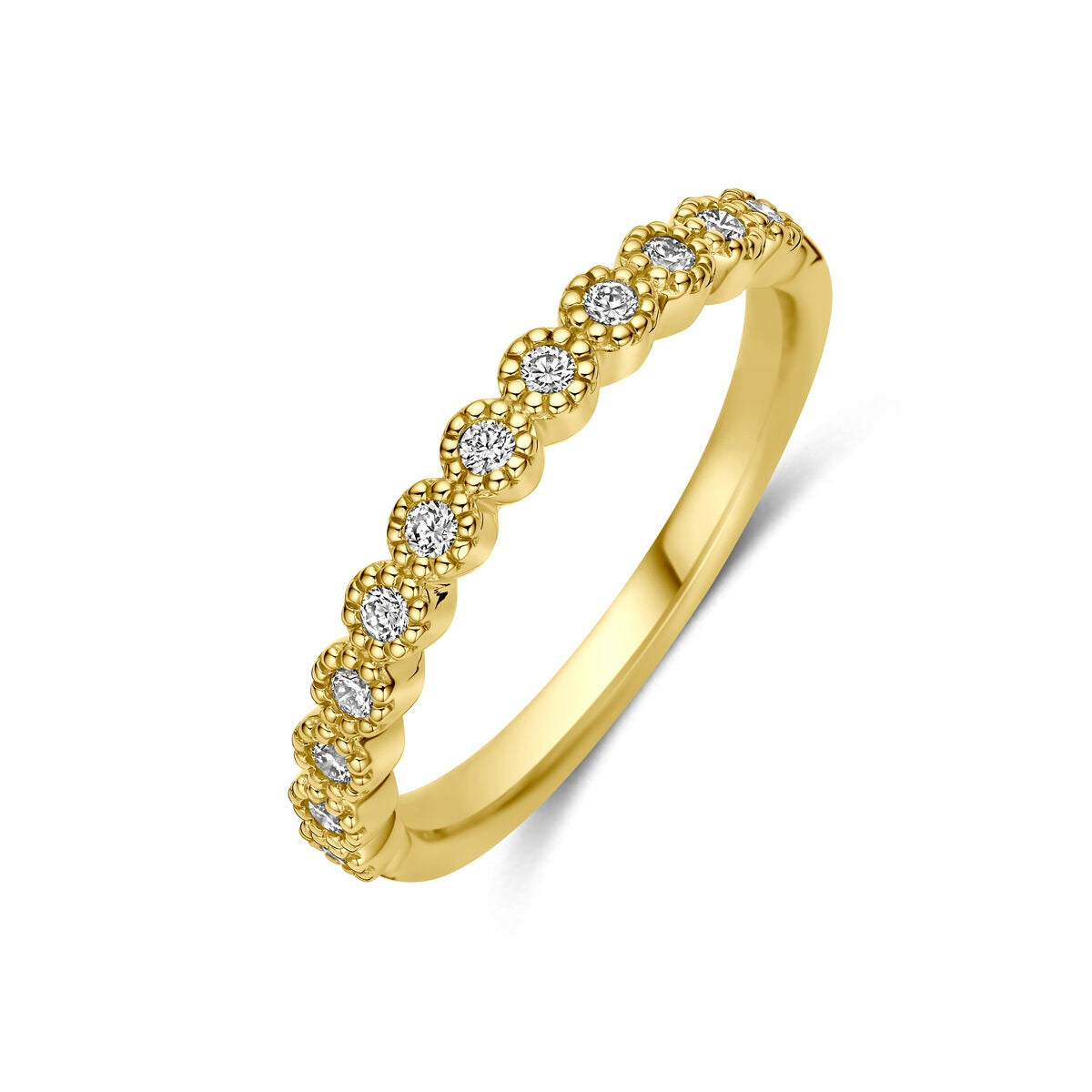 Geelgouden alliance ring met een rij van ronde diamanten, totaal 0,18 ct, met een golvende afwerking.
