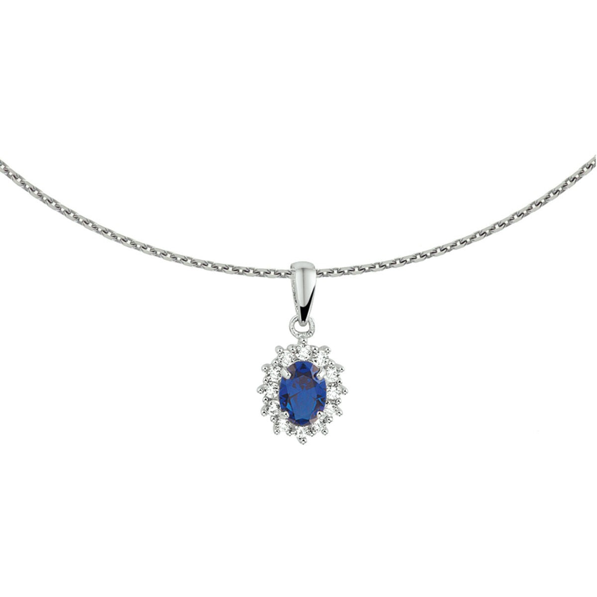 Zilveren gerhodineerde ketting met een ovale synthetische saffier, omringd door zirkonia.