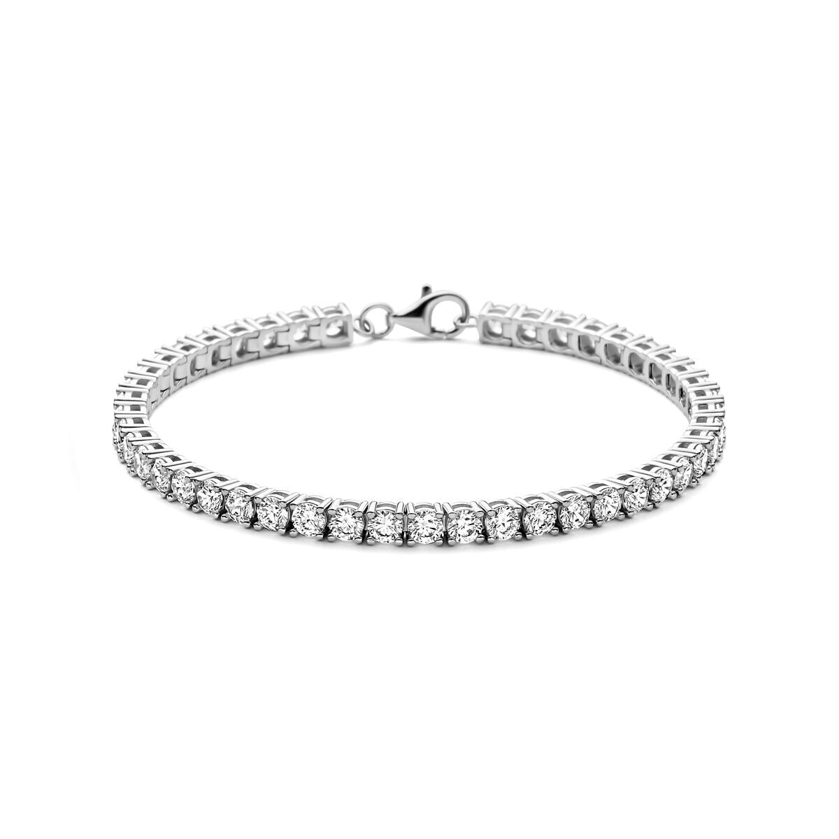 Zilveren tennisarmband van gerhodineerd 925 zilver met heldere zirkonia-steentjes.