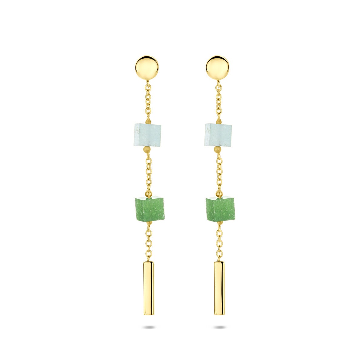 Gouden oorhangers van 14k met blauwe en groene kwartsiet, hangend ontwerp met geometrische vormen.