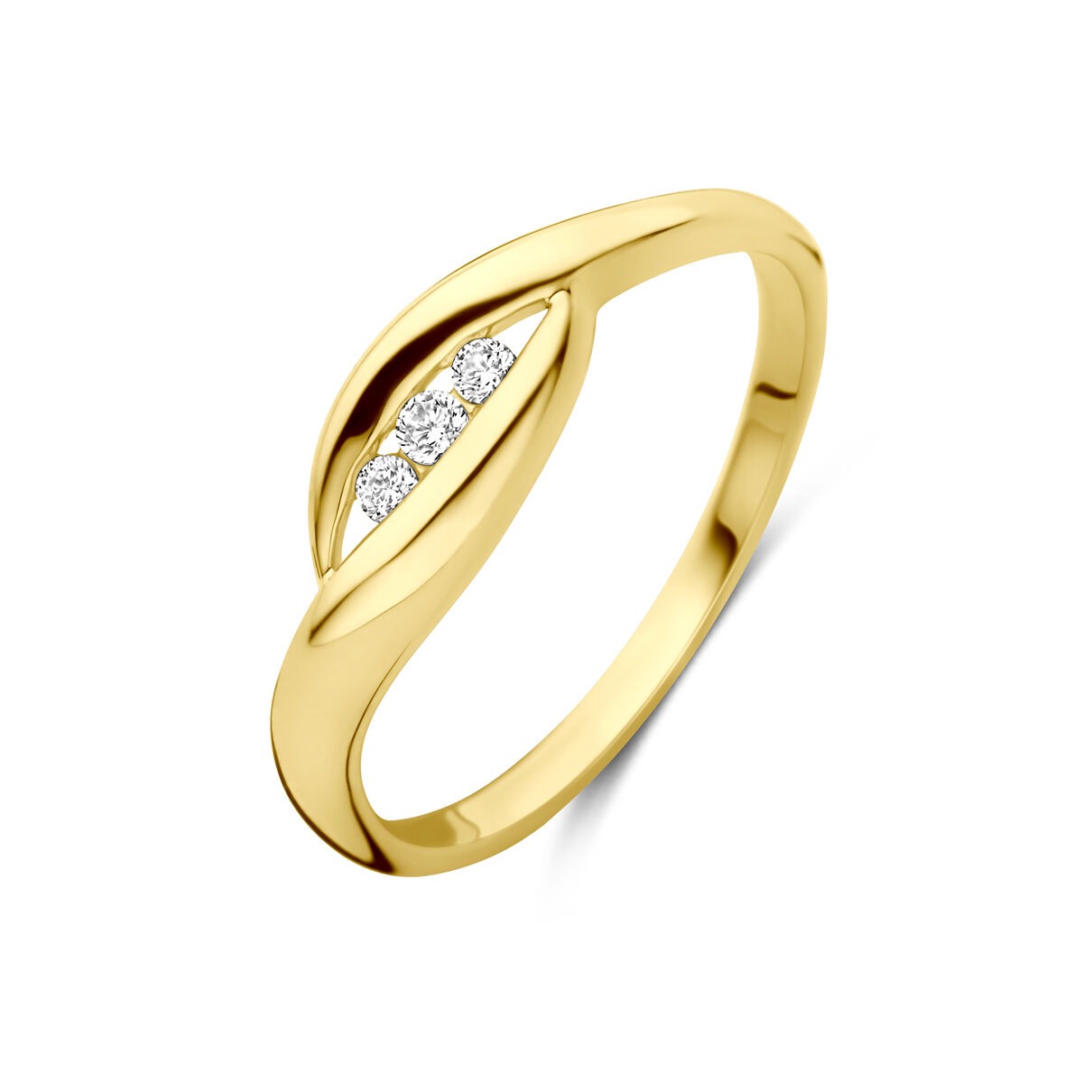 Geelgouden damesring met een golvende vorm en drie fonkelende zirkonia's in een open setting.