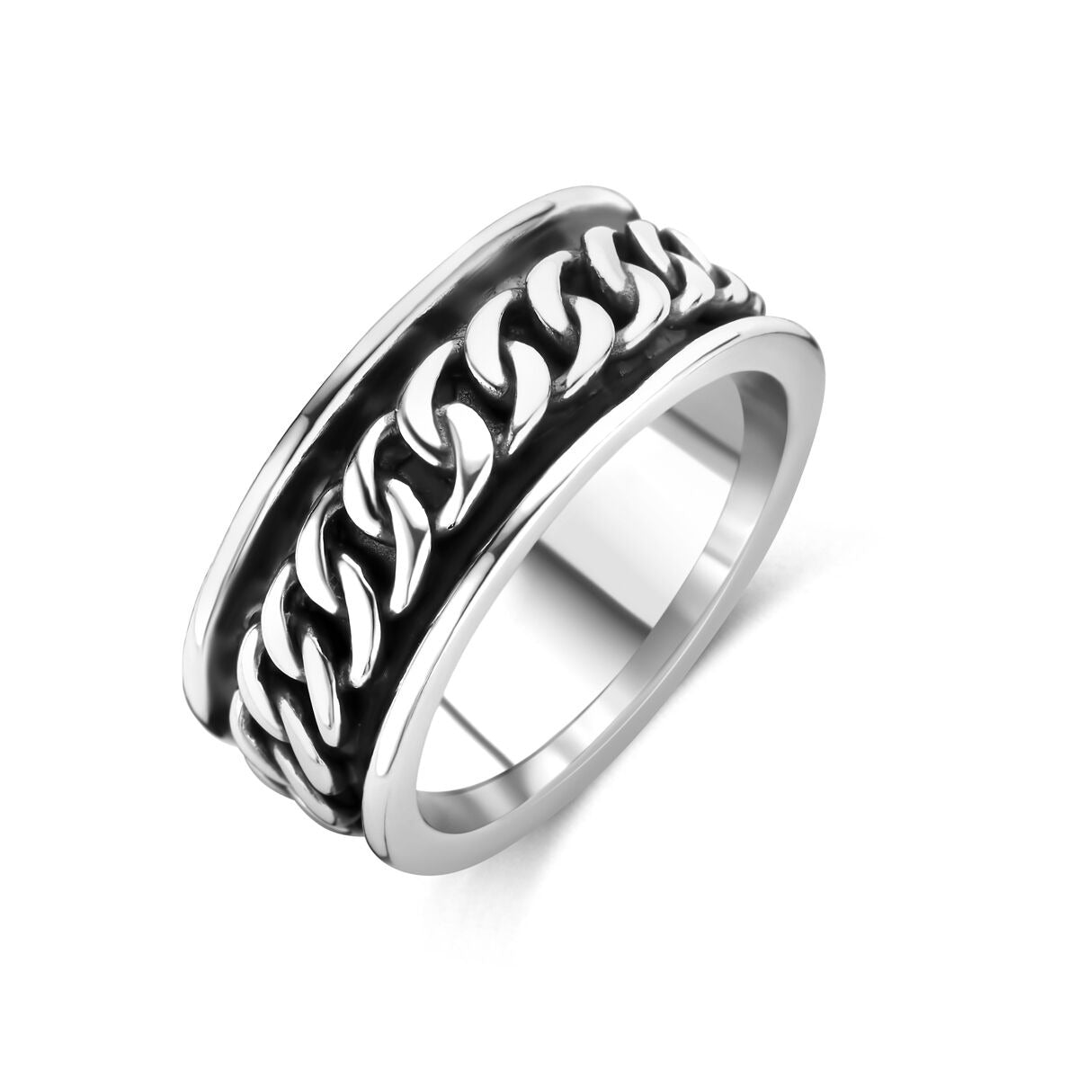 Geoxideerde zilveren herenring met een robuuste schakelstructuur en glanzende afwerking van 925 zilver.