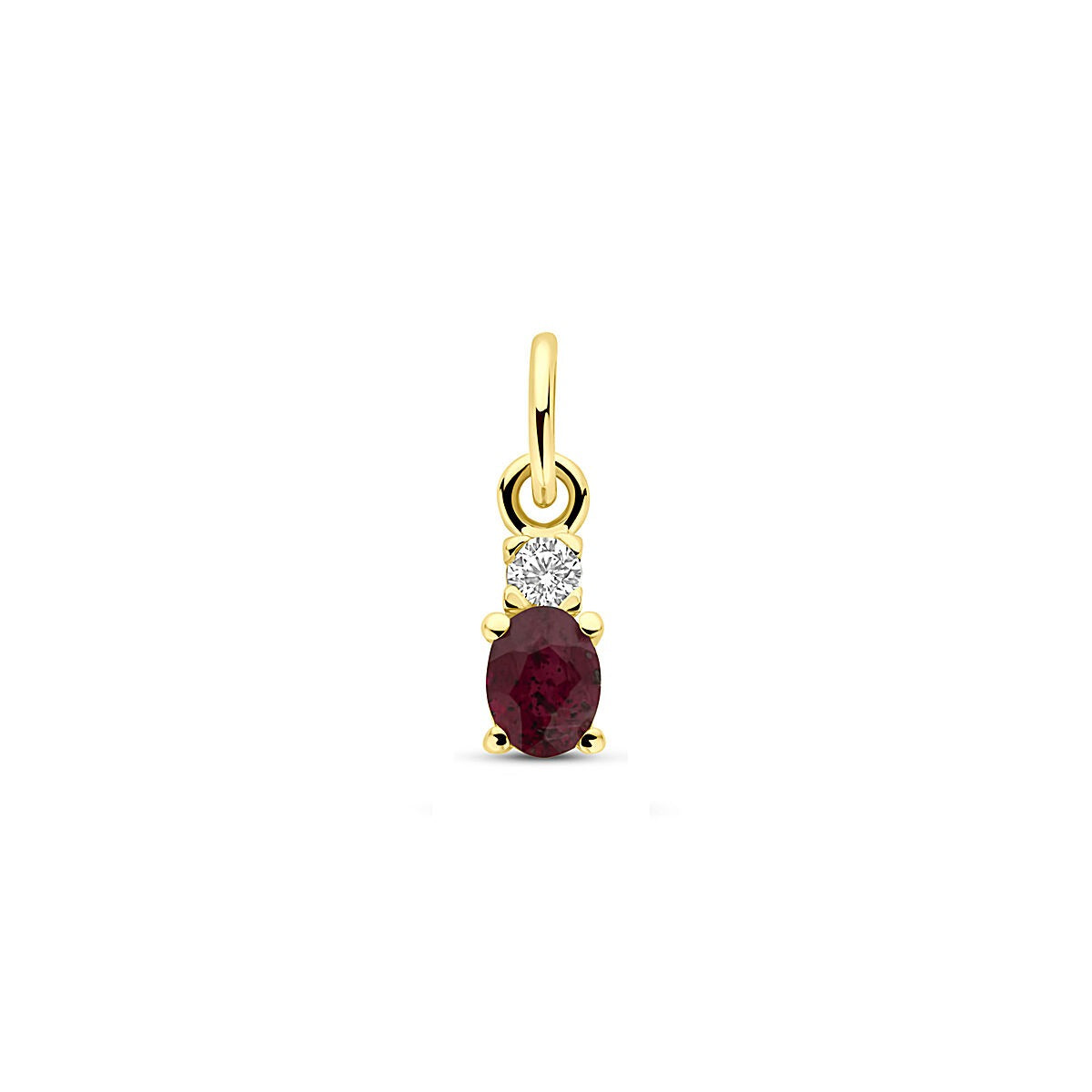 Geelgouden hanger van 14k met een ovale robijn en een zirkonia erboven, 12 mm lang.