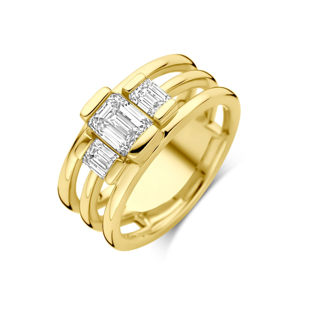 Geelgouden damesring met drie rijen, centraal een vierkante lab grown diamant van 1.50ct en twee rechthoekige diamanten.