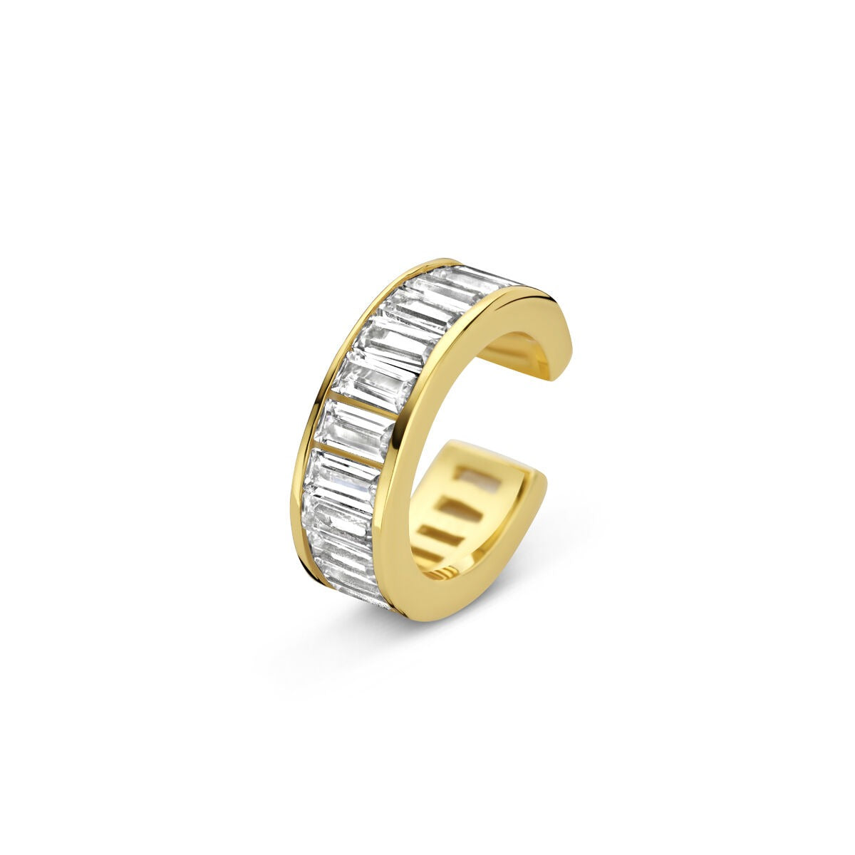 Verguld zilveren ear cuff met rechte zirkonia-stenen in een glanzende afwerking.