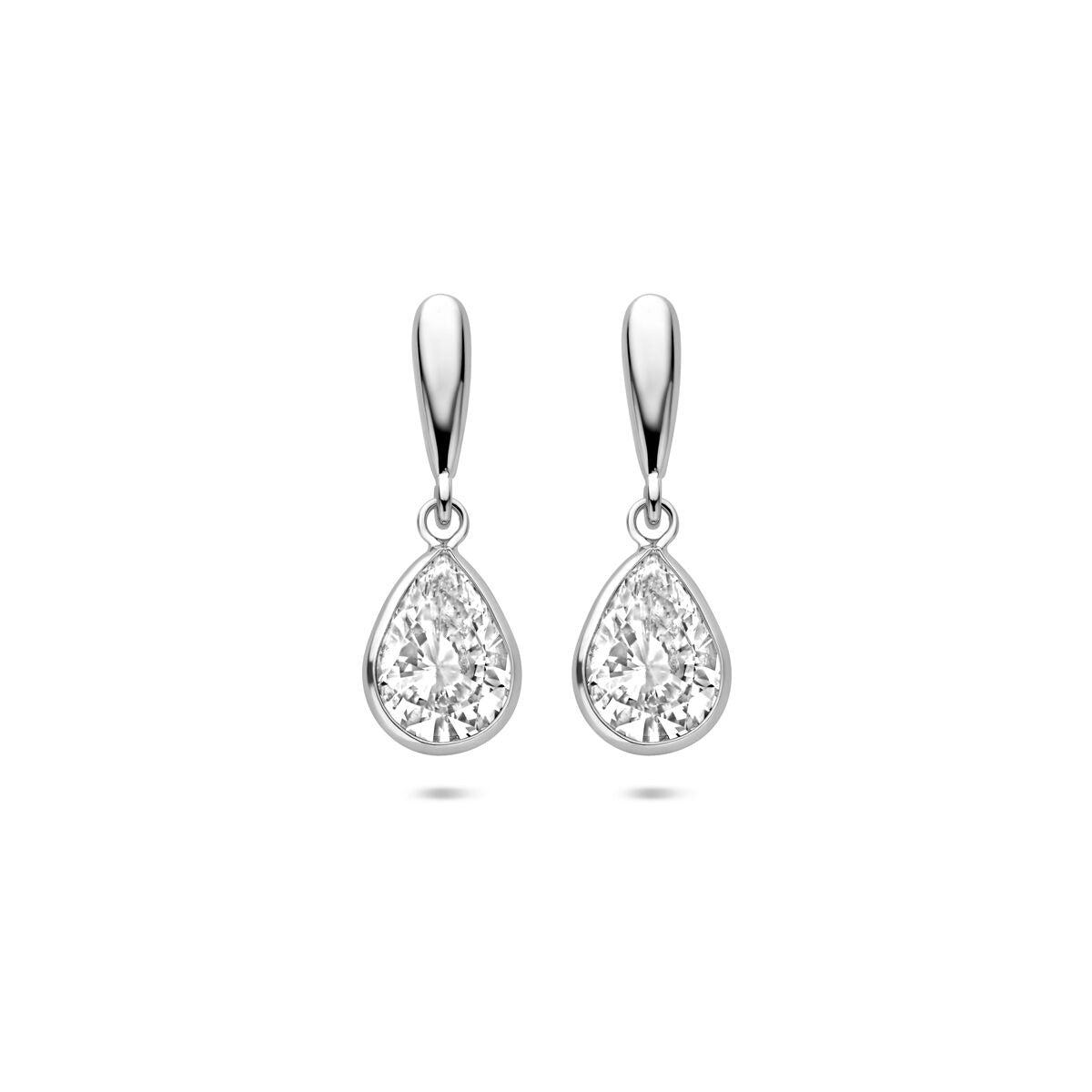 Zilveren druppelvormige oorhangers met zirkonia, 20 mm lang.