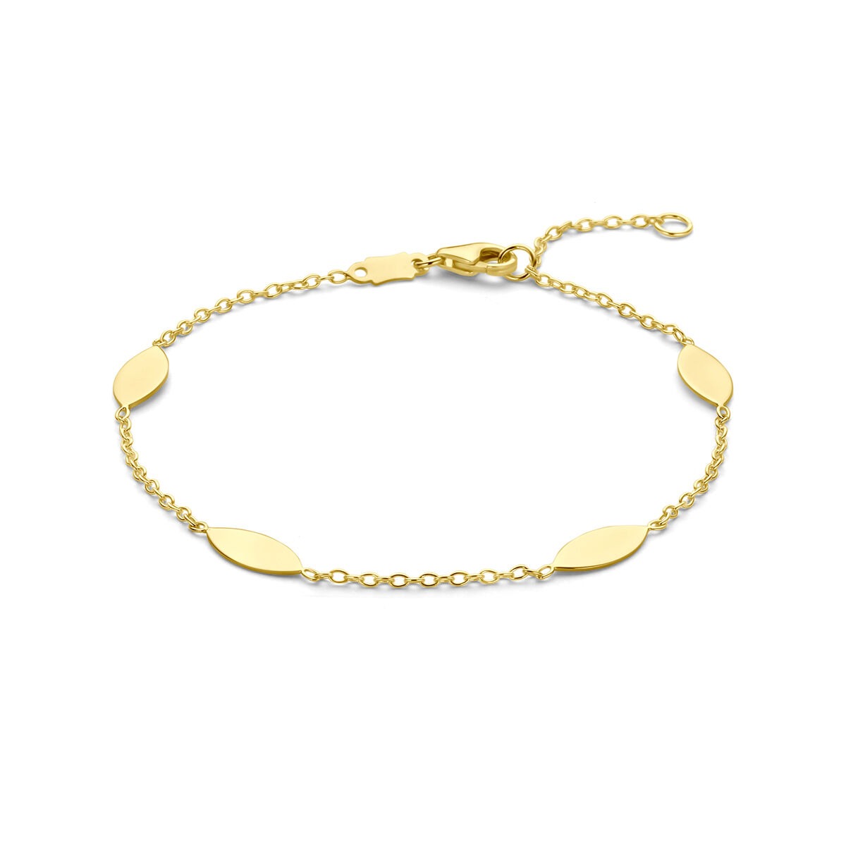 Armband van 14K geelgoud met een schakelpunt en ovale schijven, verstelbaar van 16 tot 18 cm.