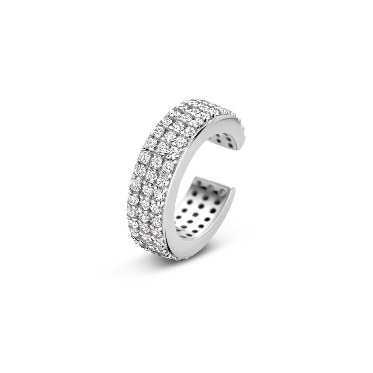 Zilveren ear cuff met gerhodineerde afwerking, bezet met meerdere zirkonia's in een rij.