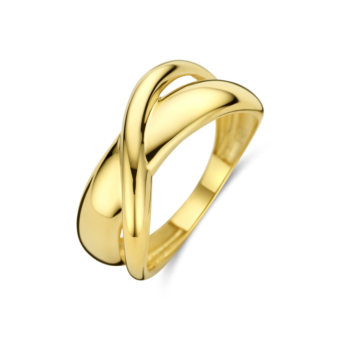 Geelgouden damesring met een brede band van 8,5 mm en een vloeiende, gedraaide vorm.