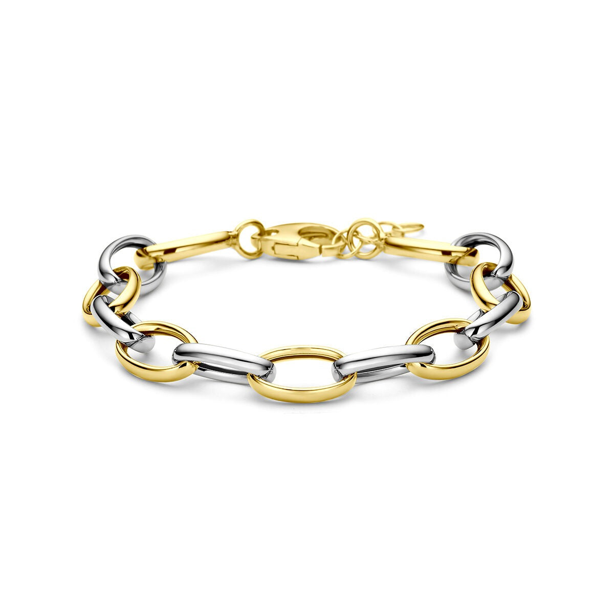 Vergulde en gerhodineerde 925 zilveren ankerarmband met afwisselend gouden en zilveren schakels.