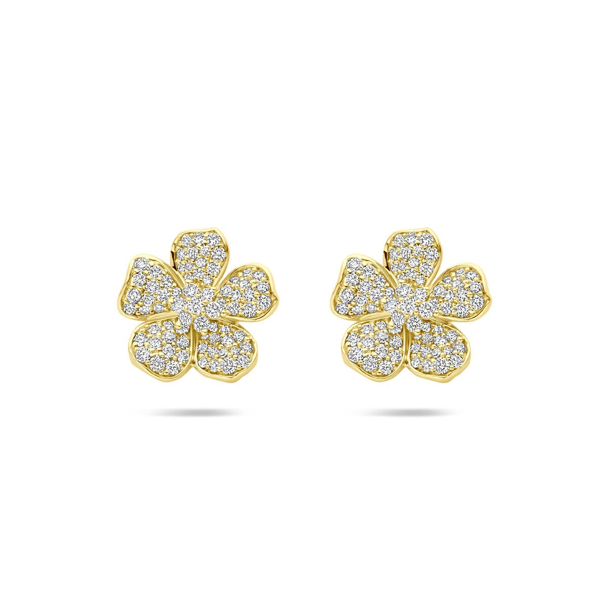 Geelgouden oorknoppen in bloemvorm met diamant, 0.70 ct, glanzende afwerking.