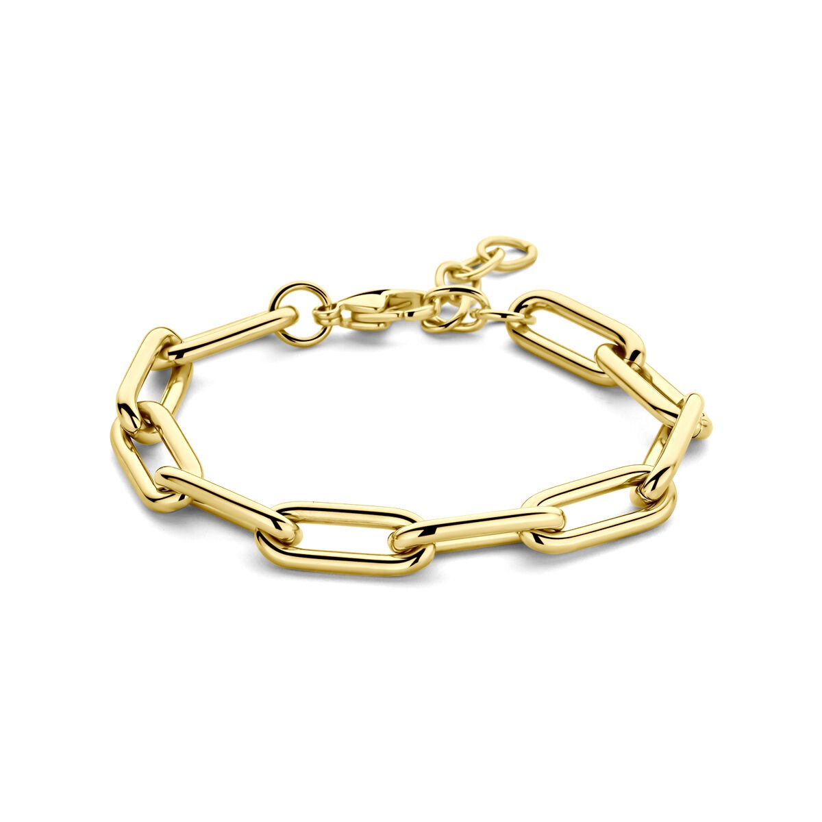 Stalen dames armband met goudkleurige plating, schakels in een moderne design, verstelbaar van 17 tot 20 cm.