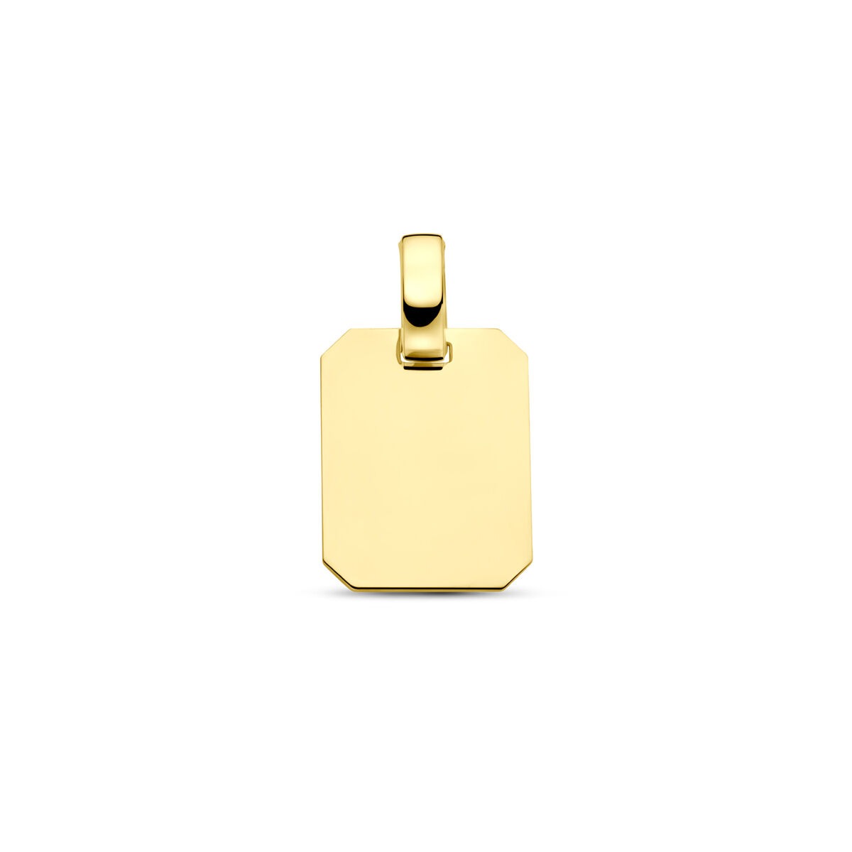 Gele graveerhanger van 9k goud in rechthoekige vorm met een glanzende afwerking.